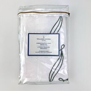 Williams Sonoma Embroidered Linen Leaf Pillowcase Standard White Green